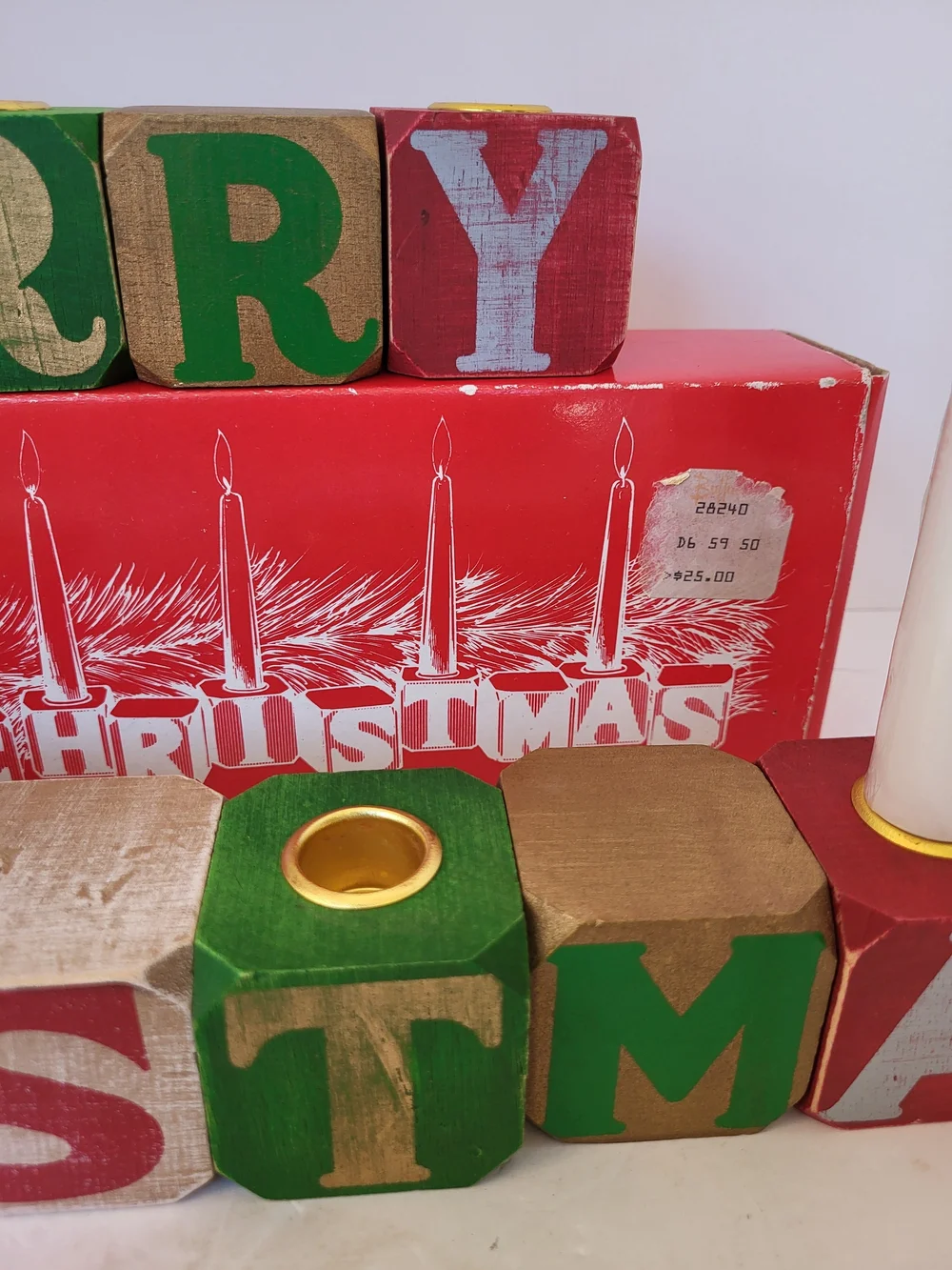 Vintage Merry Christmas Wood Block Candle Holder Set Colonial Candle